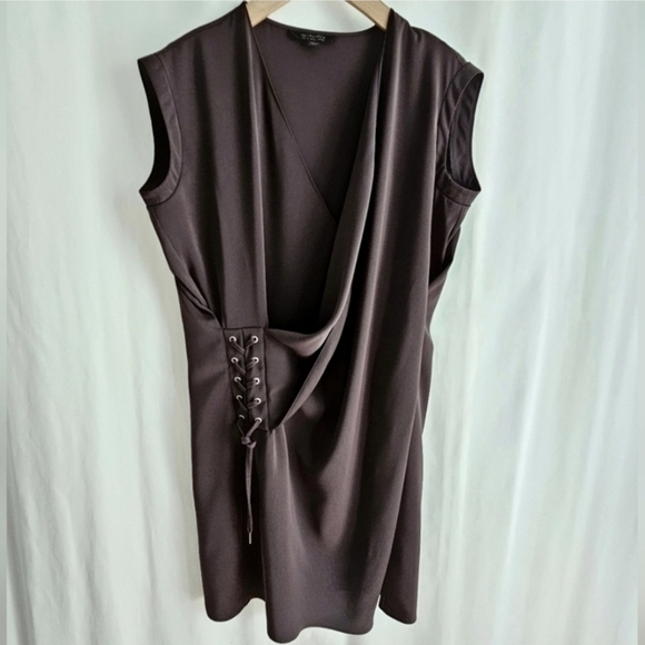 ALLSAINTS AURES Front Lace Mini Dress Olive Green Satin - Picture 4 of 16